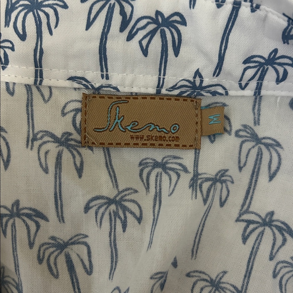 Skemo Palmerita Palm Print Short Sleeve Tie Waist Shirt Midi Dress White/Navy M - Picture 13 of 14